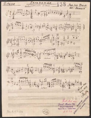 Suites, Excerpts. Arr, guit, BWV 996, e-Moll - BSB Mus.N. 122,506 : [caption title:] Sarabande // a.d. Lautensuite e-moll // Joh.Seb. Bach // arr.: Jomaro