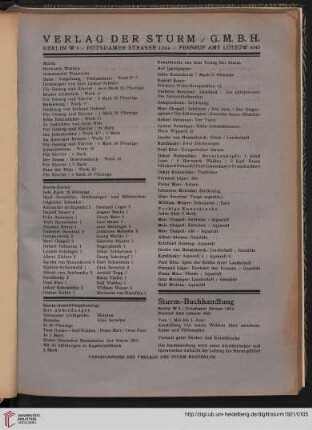 Verlag Der Sturm / Musik / Sturm-Karten / Sturm-Ausstellungskataloge / Kunstdrucke / Sturm-Buchhandlung