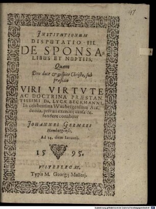 Institutionum disputatio III., de sponsalibus et nuptiis