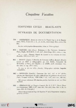 Costumes civiles – beaux-arts – ouvrages de documentation (Nr. 799-865)