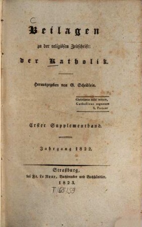 Der Katholik. Supplementband, 1 = Jg. 1822 (1823)