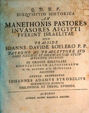 Disqvisitio Historica An Manethonis Pastores Invasores Aegypti Fverint Israelitae