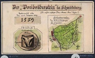 Der Dreibrüderstein im Schmiedeberger Forst (Sachsen) mit Jahreszahl, Grundriss (Draufsicht) und Lageplan