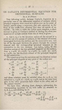 On Cayley's differential equation for orthogonal surfaces.
