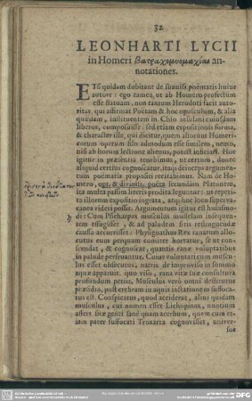 Leonharti Lycii in Homeri Betrachomyomachian annotationes