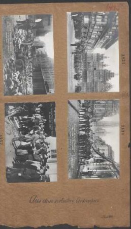 Aus dem eroberten Antwerpen. Deutsche Wache, im Hintergrund unversehrte Kathedrale