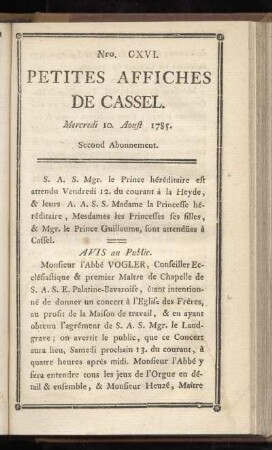 No CXVI (Mercredi 10. Aoust 1785)