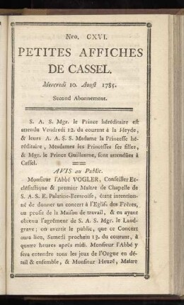 No CXVI (Mercredi 10. Aoust 1785)