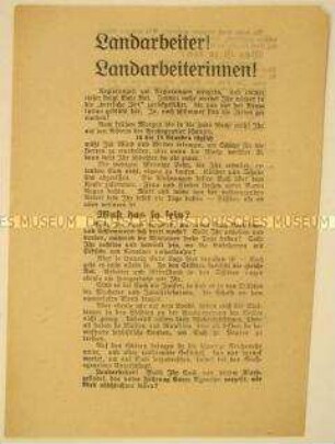 Agitationsflugblatt der Kommunistischen Partei Deutschlands an die Landarbeiter und Landarbeiterinnen zur Bildung proletarischer Abwehrformationen gegen Großagrarier