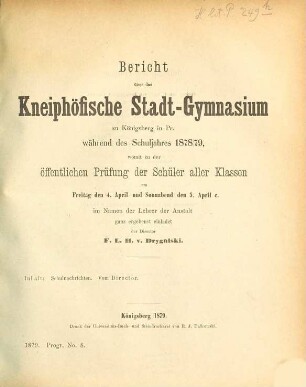Bericht über das Kneiphöfische Stadt-Gymnasium zu Königsberg i. Pr. : während des Schuljahres .... 1878/79
