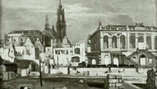 Beräumung am Neumarkt : Beräumung am Neumarkt. Öl/Hartfaserplatte; 51 x 86,5 cm. 1949. Dresden, Ausstellung: Dresden mahnt, 1984