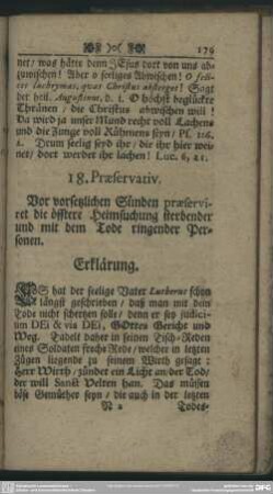 18. Praeservativ. Vor vorsetzlichen Sünden praeserviret die öfftere Heimsuchung sterbender und mit dem Tode ringender Personen