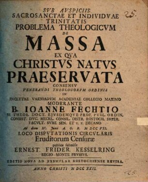 Problema theol. ... de massa, ex qua Christus natus, praeservata