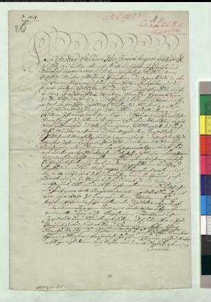Obligation des Kurfürsten Clemens August von Bayern als Bischof von Münster und des Domkapitels Münster im Namen der gesamten Landes-Ritterschaft des Hochstifts Münster und der Stadt Münster sowie sämtlicher Städte im Hochstift, nachdem laut Beschluss des 1720 gehaltenen Landtags die Aufnahmen verzinster Anleihen zur Ablegung 5%iger älterer Kapitalien bewilligt wurde, über die Aufnahme einer Anleihe in Höhe von 3.500 Reichstaler in gängigen unverrufenen und im Westfälischen Kreis gültigen Reichsgulden gegen eine jährliche Verzinsung in Höhe von 4 %, zahlbar jährlich am 1. März, aus der Invaliden-Kasse. Vermerk der königlichen Regierung zu Münster vom 24. Oktober 1843 über die Wertlosigkeiten der vorliegenden Obligation, das die Regierungen zu Hannover und Oldenburg laut dem mit Preußen geschlossenen Staatsvertrag vom 16. Oktober 1839 die Position 674 der Anlage 3 e mit einem Anteil von 163/800 abgelehnt haben und der preußische Anteil zu 637/800 dem Münsterischen Provinzial-Invaliden-Fonds zurückbezahlt worden ist