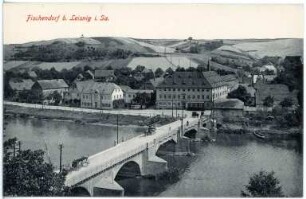 Fischendorf. Blick auf Fischendorf mit Muldenbrücke