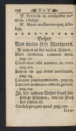 Vesper Von vielen HH Martyrern.