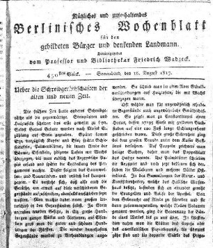 450stes Stueck, Sonnabend, den 16. August 1817