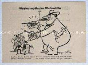 Illustrierter Handzettel mit einer Karikatur auf die amerikanische Waffenhilfe für Westeuropa