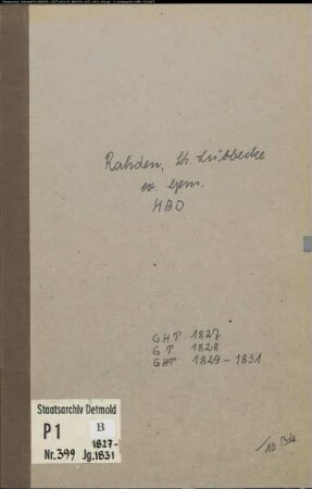 Kirchenbuchduplikat der evangelischen Gemeinde Rahden, Kreis Lübbecke (GHT 1827, GT 1828, GHT 1829-1831)) (Gemeinde: Evangelische Gemeinde Rahden)