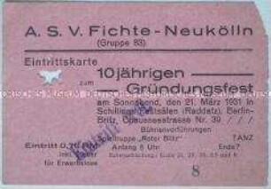 Eintrittskarte für das zehnjährige Gründungsfest des A.S.V. Fichte-Neukölln