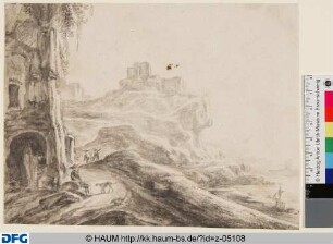 Gebirgslandschaft mit Ruinen und Fluß