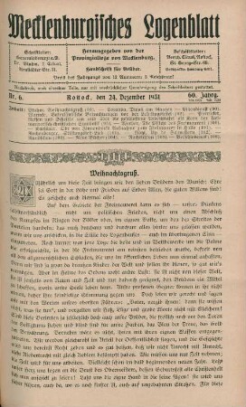 Nr. 6. Rostock, den 24. Dezember 1931. 60. Jahrg.