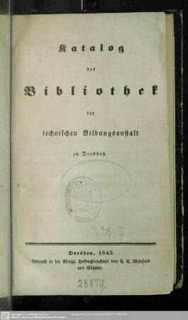 1843: Katalog der Bibliothek der technischen Bildungsanstalt zu Dresden