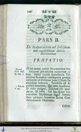 Pars II. De praeparatione ad suscipiendum augustissimum Altaris Sacramentum.