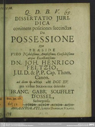 Dissertatio Iuridica conitnens [!] positiones succinctas De Possessione