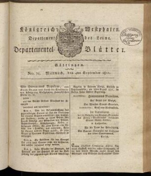 Nro. 71. Mittwoch, den 4ten September 1811 [-] Nro. 80. Sonnabend, den 5ten October 1811