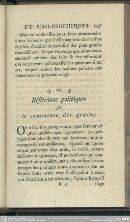 XII. Réfléxions politiques sur le commerce des grains