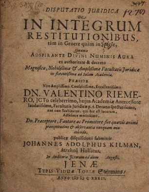 Diss. iur. de in integrum restitutionibus tam in genere quam in specie