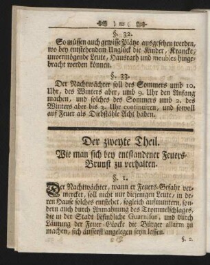 Der zweyte Theil. Wie man sich bey entstandener Feuers-Brunst zu verhalten.