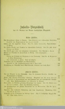 Inhalts-Verzeichniß des 49. Bandes des Neuen Lausitzischen Magazins
