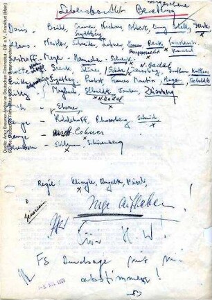 Besetzungsvorschläge, handschriftlich von Artur Brauner