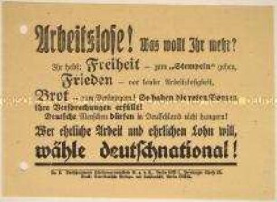 Handzettel mit Wahlaufruf der Deutschnationalen Volkspartei an die Arbeitslosen