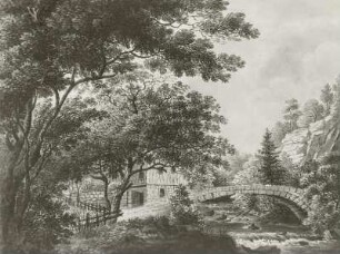 Johann Christian Klengel: Waldlandschaft mit Brückenbogen, Sepiazeichnung