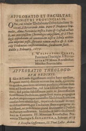 Approbatio Et Facultas Ministri Provincialis.