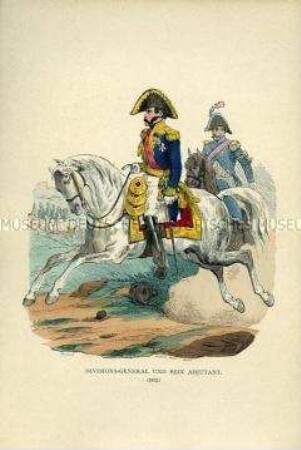 Uniformdarstellung, Divisions-General und Adjutant zu Pferd, Frankreich, 1812. Tafel 32 aus: Bellangé: Die Soldaten der französischen Republik und des Kaiserreichs.