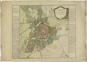 Grundriss der Churfürstl. Saechs. Handels-Stadt Leipzig, Kupferstich, 1794 : Neuer Grundriss der Churfürstl. Saechs. Handels-Stadt Leipzig nebst umliegender Gegend / entworfen von J. E. Lange. - [S.l.] , 1794. - 1 Kt. : col. Kupferst. , 57 x 47 cm
