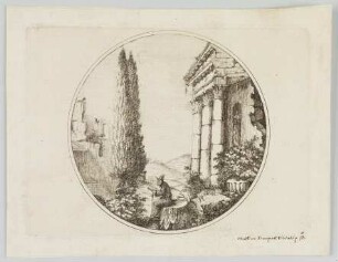 Landschaft mit einem sitzendem Mann in antiker Ruinenarchitektur