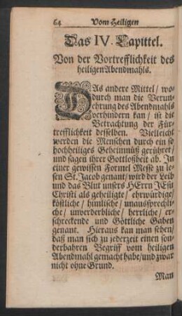 Das IV. Capittel. Von der Vortrefflichkeit des heiligen Abendmahls