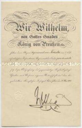 Beglaubigungsschreiben zur Verleihung des Ordens Pour le Mérite