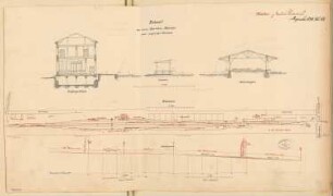 Bahnhofsanlage einer kleinen Industriestadt in Schlesien Monatskonkurrenz Dezember 1878: Lageplan 1:1500, Geländeschnitt 1:3000 (Höhen 1:150), 3 Querschnitte; 3 Maßstabsleisten