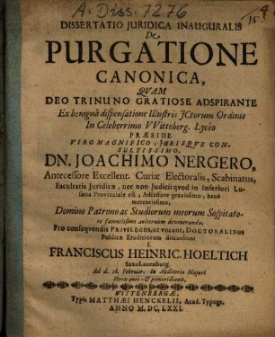 Dissertatio Iuridica Inauguralis De Purgatione Canonica
