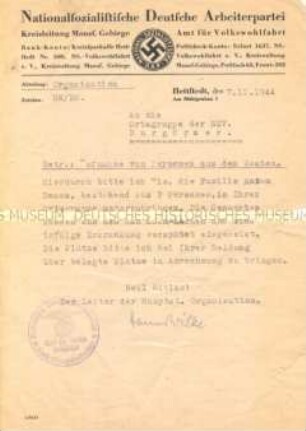 Schreiben der Kreisleitung Mansfeld der NS-Volkswohlfahrt an eine Ortsgruppe mit der Aufforderung zur Aufnahme einer zugezogenen Familie