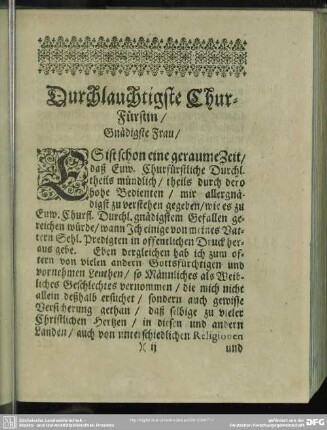 Durchlauchtigste Chur-Fürstin, Gnädigste Frau