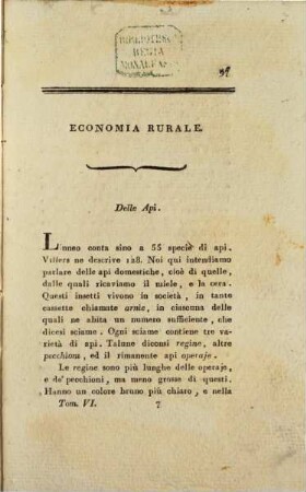 Biblioteca di campagna o sia Raccolta di memorie, osservazioni ed esperienze agrarie. 6. 1806, H. 2