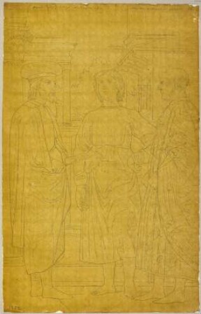 Drei sich unterhaltende Männer, Detail aus Piero della Francescas Geißelung Christi in der Sakristei des Doms in Urbino, heute in der Galleria Nazionale delle Marche in Urbino