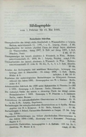 Bibliographie vom 1. Februar bis 31. Mai 1888.
